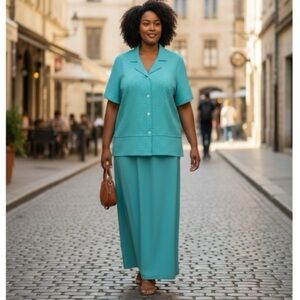 Miss Dorby Aqua and White Checked Short-Sleeved Jacket and Midi Dress Set 10P